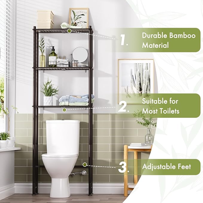 AmazerBath Bamboo Over The Toilet Storage Shelf, Over Toilet Bathroom Organizer Rack, 3-Tier Bathroom Shelves Over Toilet, Space Saver, Espresso