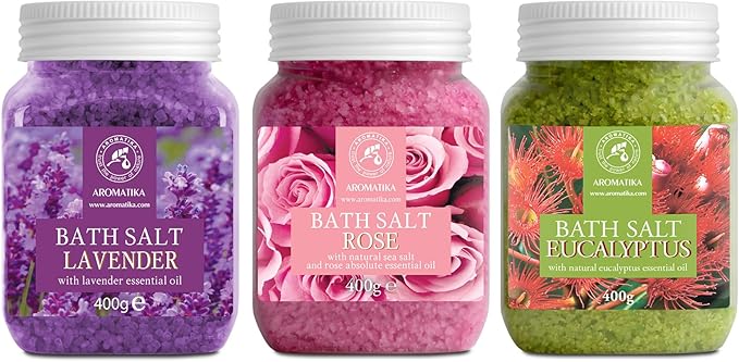 Bath Salts Set 42 Oz - Lavender - Rose - Eucalyptus - 100% Bath Salts - Lavanda Rosa Eucalitpus Salt - Best for Good Sleep - Stress Relief - Bathing - Body Care - Beauty - Relaxation - Spa