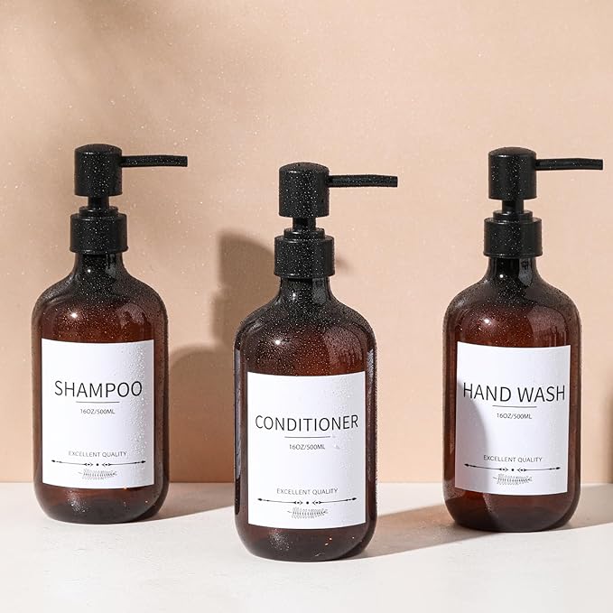 Shampoo and Conditioner Bottles(5Pack),Shampoo Dispenser for Shower,Bottles Refillable with Pump,Bathroom Dispenser Sets(Amber)
