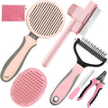 Pet Grooming Kit - 7 PCS Deshedding Brush Set with Slicker, Undercoat Rake, Bath Brush & Nail Clipper for Short & Long Haired Dogs, Cats (Pink)