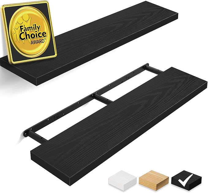 BAYKA Floating Shelves for Wall, 36 inches Long Wall Mounted Rustic Wood Shelves for Bathroom, Bedroom, Living Room, Kitchen, Office, Hanging Shelf for Books/Storage/Decor(Black,Set of 2)