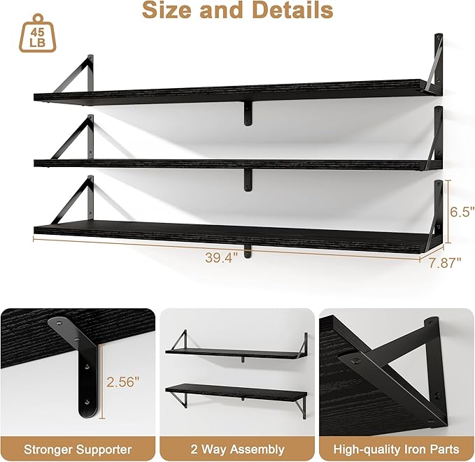 Fun Memories Long Wall Shelves for Bedroom, Set of 3 Large 40-Inch Floating Bookshelves, Rustic Wood Display Shelf for Home and Office (Black)