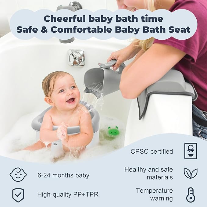 Baby Bath Seat-for Babies 6 Months & up with Temperature Alert+Soft Cushion+Suction, Toddler Bath Seat for Baby, Sitting Up with Baby Bathtub Seat, Grey