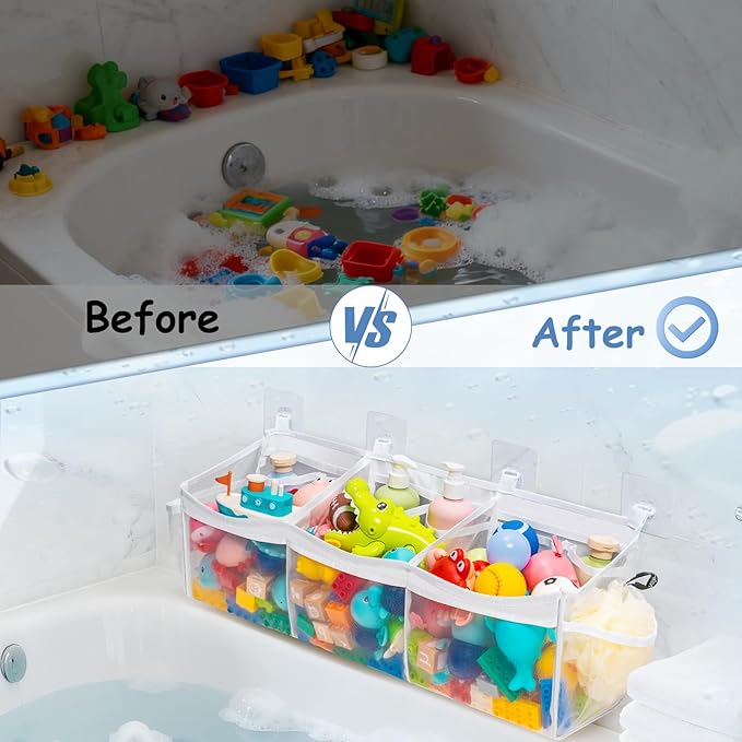 Criusia Extra Large Bath Toy Organizer with 3 Compartments and Multiple Pockets, Quick-Dry Mesh Bathtub Storage for Kids' Toys