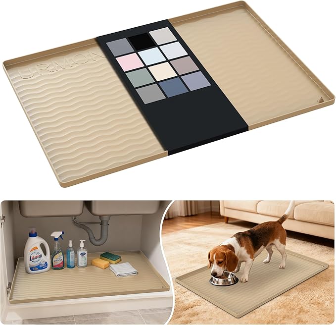 URMONA Waterproof Silicone Under Sink Mat 28'' x 19'' Shelf Liner for Kitchen and Bathroom, Cabinet and Counter Protector, Storage and Organizers, Litter Mat, Pet Cat Puppy Essentials(Khaki)