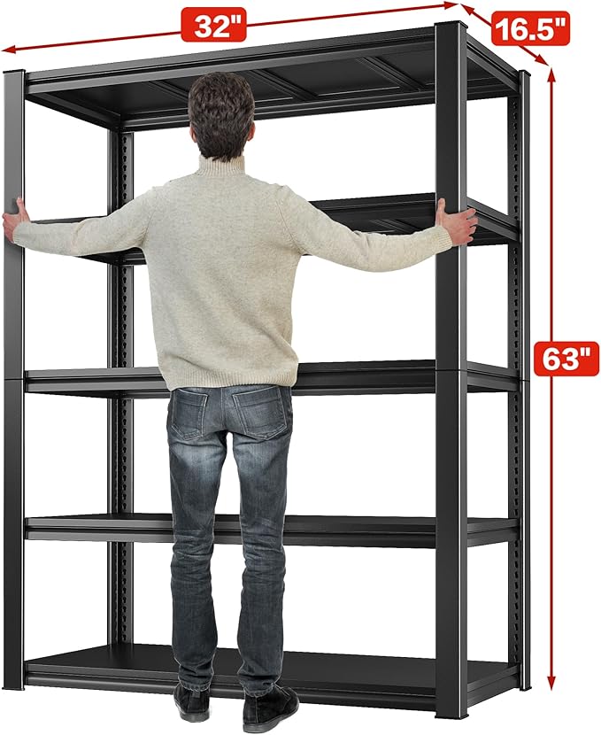 Raybee Garage Shelving 2000LBS Storage Shelves Adjustable Metal Shelves 5 Tier Heavy Duty Shelving Metal Shelf for Basement Pantry Kitchen 32" W x 16.5" D x 63" H