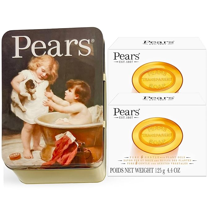 Pears Soap Gift Set, Vintage Tin with 2 Transparent Amber Glycerin Soaps Infused with Natural Oils for Glowing Skin, 4.4 Oz Ea