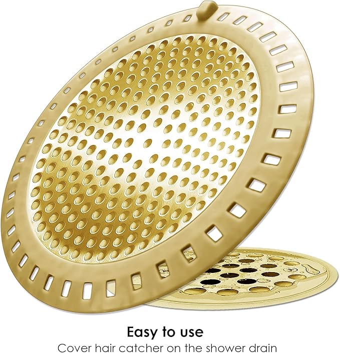 2PCS Hair Catcher Shower Drain/Strainer/Cover/Filter/Trap, Bathtub Drain Cover Hair Catcher, Hair Stopper for Bathroom Sink/Floor Drain, Stainless Steel and Silicone Drain Strainer, Gold