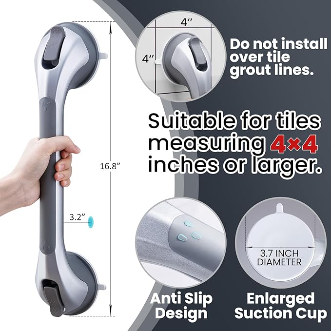 TAILI Shower Grab Bar 16 Inch Suction Cup Grab Bars for Bathroom, Removable Shower Safety Handle Heavy Duty Bathtub Grip for Seniors & Elderly, Strong Handrails No Drilling Waterproof, Silver
