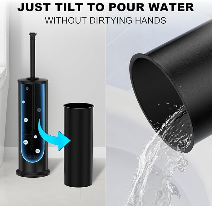 Black Toilet Brush and Holder，Extra Long Handled Toilet Brush for Bathroom，Stainless Steel Heavy Duty Toilet Bowl Brush,Removable Inner Bowl,Deep Cleaning Dense Bristles Cleaner Brush -Space Saving