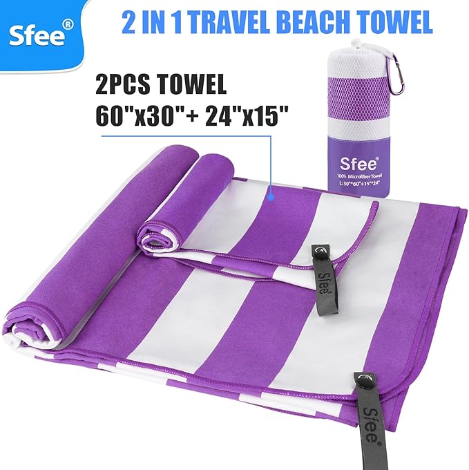 Sfee 2 in 1 Microfiber Beach Towel, Quick Dry Towel Camping Travel Towel Super Absorbent Compact Lightweight Sports Towel Gym Towels Set for Beach, Gym, Hiking, Pool, Backpacking, Bath, Yoga