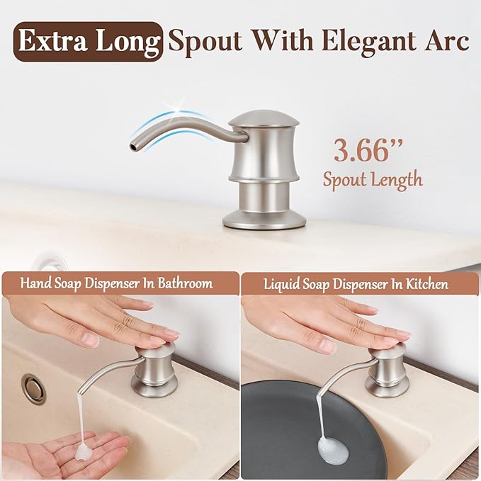Built in Soap Dispenser for Kitchen Sink Countertop, Solid Brass Pump Head Long Spout with 10.2 Ounce PET Food Safe Material Lotion Bottle, Brushed Nickel Finish