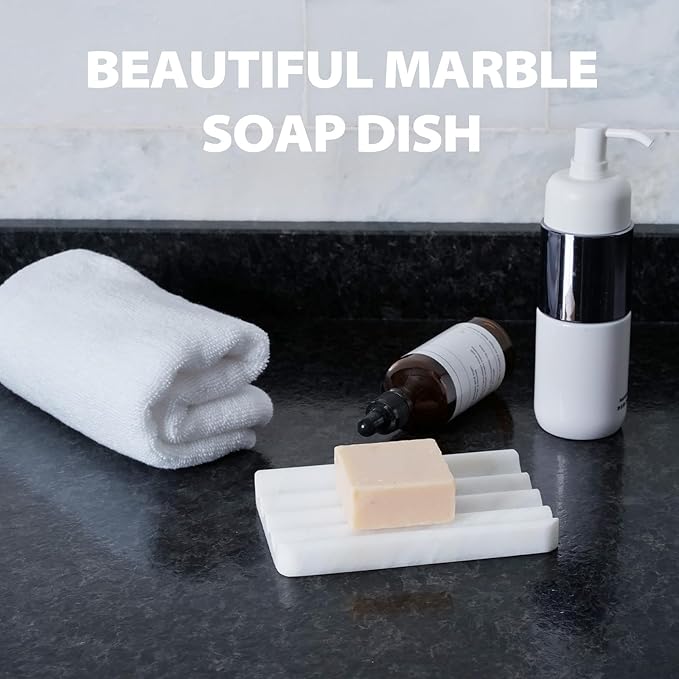 Soap Dish, Marble Soap Holder for Shower, Bar Soap Holder with Water Ripple Design, Easy Cleaning Soap Saver for Kitchen Sink，Bathroom, Executive African Natural Stone Soap Tray(Namib Bianco)
