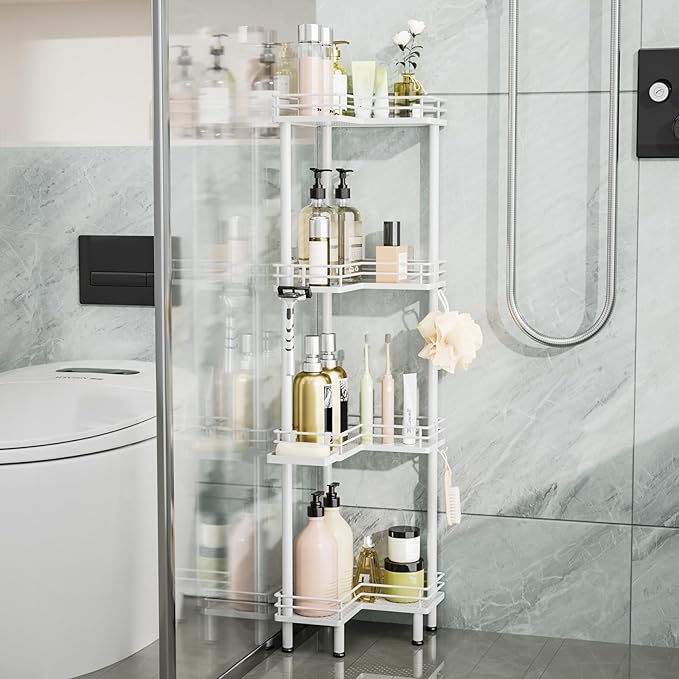 Consumest Corner Shower Caddy Standing - 4-Tier Stainless Steel Shower Organizer with Soap Holder and 4 Hooks, Large Capacity Corner Shelf Stand for Bathroom, Rest Room, White