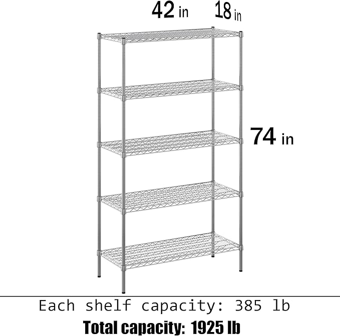 18" Deep x 42" Wide x 74" Height Wire Shelving Kit | 5-Tier | NSF Commercial Storage Rack Unit