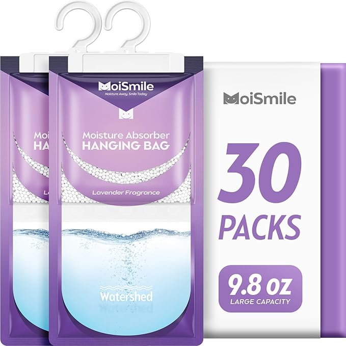 Moisture Absorbers 30 Pack Lavender Fragrance, Hanging Closet Dehumidifier Bags, Humidity Absorber, Compact Eliminates Odors Humidity Packs for Car, Bathroom, Bedroom, Basement, 9.8OZ