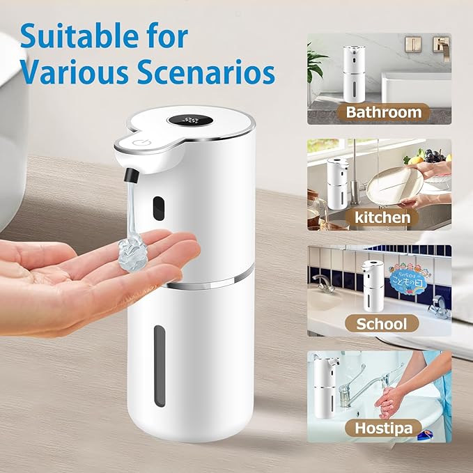 Automatic Liquid Soap Dispenser 12.8oz, Rechargeable & 6 Levels Soap Adjustable with Digital Display, Wall Mount, Waterproof, Touchless Hand/Dish Soap Dispenser for Kitchen, Bathroom, Hotel