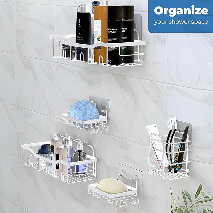 Fab Glass and Mirror Shower Caddy Pack of 5, white - Shower Organizer and Shelves for Efficient Storage, Wall Mounted Bathroom Caddy, Wall Organizer