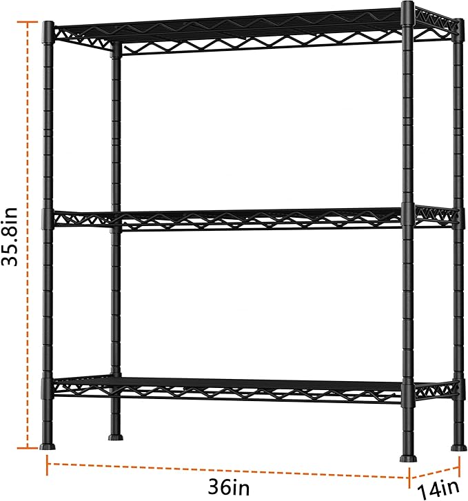 3-Shelf Adjustable Heavy Duty Storage Shelves,36" Wx14 Dx35.8 H Metal Organizer Wire Rack for Laundry Bathroom Kitchen Pantry Closet Garage Shelving Black