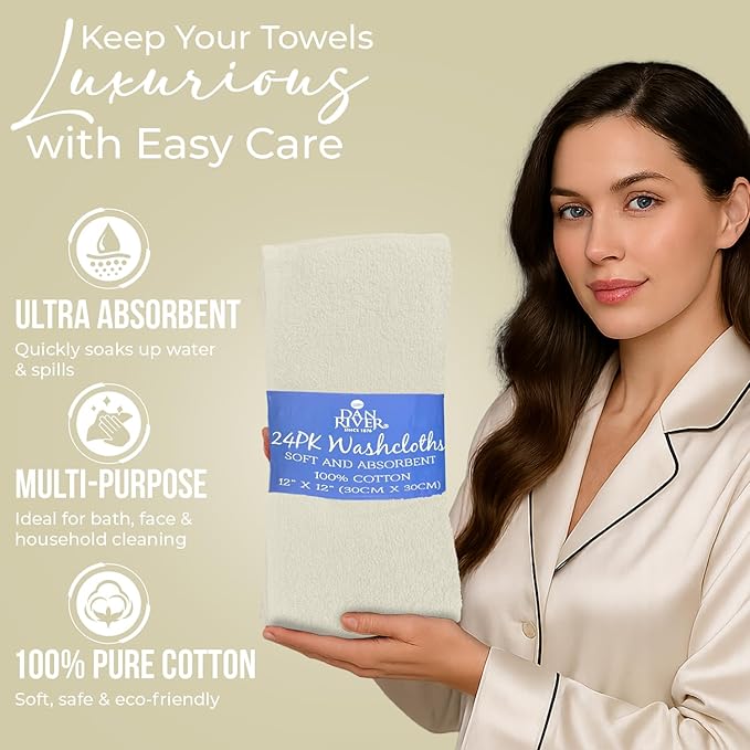 DAN RIVER 24 Pack Wash Cloths for Showering [12x12] - 100% Cotton Washcloths Premium Quality Flannel Face Cloths for Bathroom, Highly Absorbent and Soft Feel Wash Clothes, Ivory