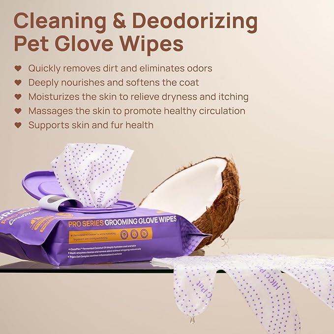 HICC PET Glove Wipes Pro – Pet Cleaning Gloves for Dogs & Cats – Infused with Coconut Oil & Plant Extracts – Hypoallergenic, Gentle, Spa-Like Care at Home