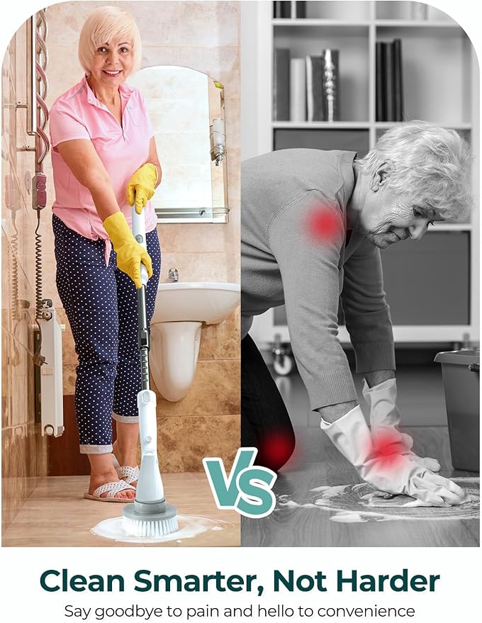 Sweepulire Electric Spin Scrubber for Cleaning, Shower Scrubber with Long Handle, 2 Spin Speeds, Bathroom Scrubber with 8 Replacement Heads, Bath Tub Cleaner Brush for Floor, Tub, Shower, Tile