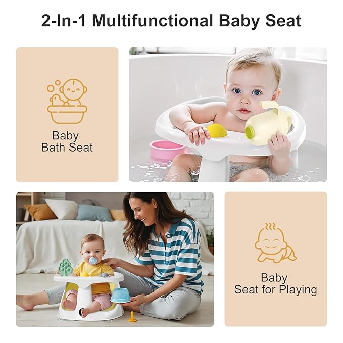 Baby Bath Seat for Babies 6 Months & Up - Bathtub Seats for Babies Sitting Up with Rinse Cup, Non-Slip, Comfortable, Infant Bath Essentials, Yellow