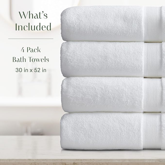 Springtree Home Luxury Bamboo Rayon Bath Towel Set of 4 | 35% Bamboo Rayon - 65% Zero Twist Cotton | Absorbent Quick-Dry Towels for Bathroom | Oeko-TEX Standard 100 Cotton | White - 4 Pack