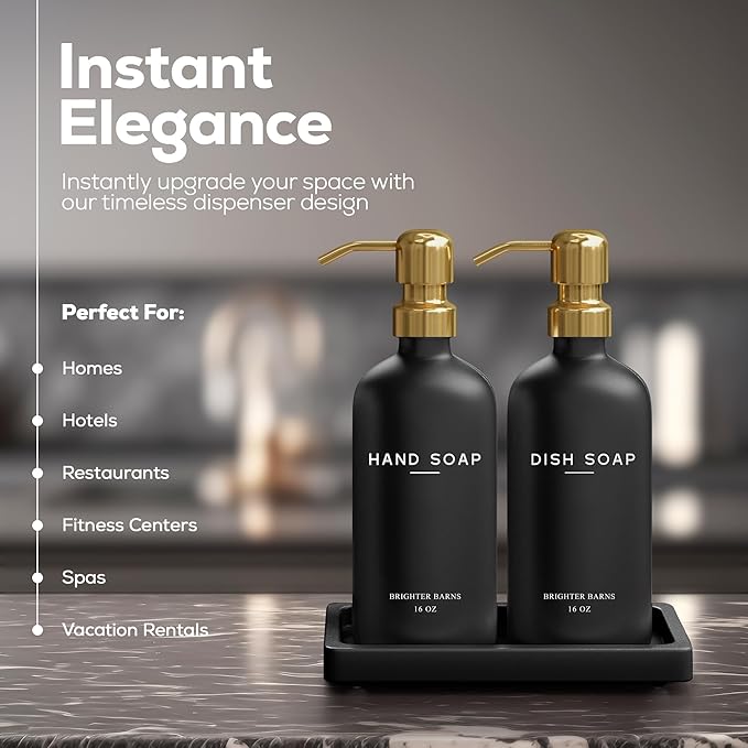 Luxury Glass Hand and Dish Soap Dispenser Set by Brighter Barns - Black and Gold Soap Dispenser Set for Kitchen Sink - Modern Kitchen Decor and Accessories for Restaurant, Airbnb, Gift (Black/Gold)