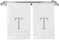 Monogrammed Hand Towel, Personalized Initial Gift, Extra Absorbent 100% Turkish Cotton - Soft Terry Finish - Set of 2 - Silver Block Initial T - Embroidered on White Towels