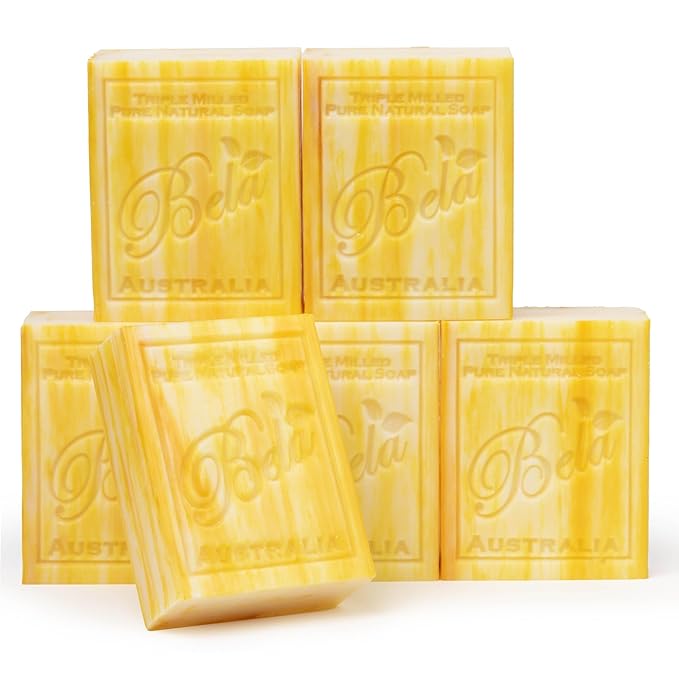 BELA Honey and Goat Milk Soap 3.3 OZ Pack of 6, Long Lasting French Triple Milled Bar Soap with Organic Shea Butter, Hand, Face and Body Wash Bar, Made in Australia