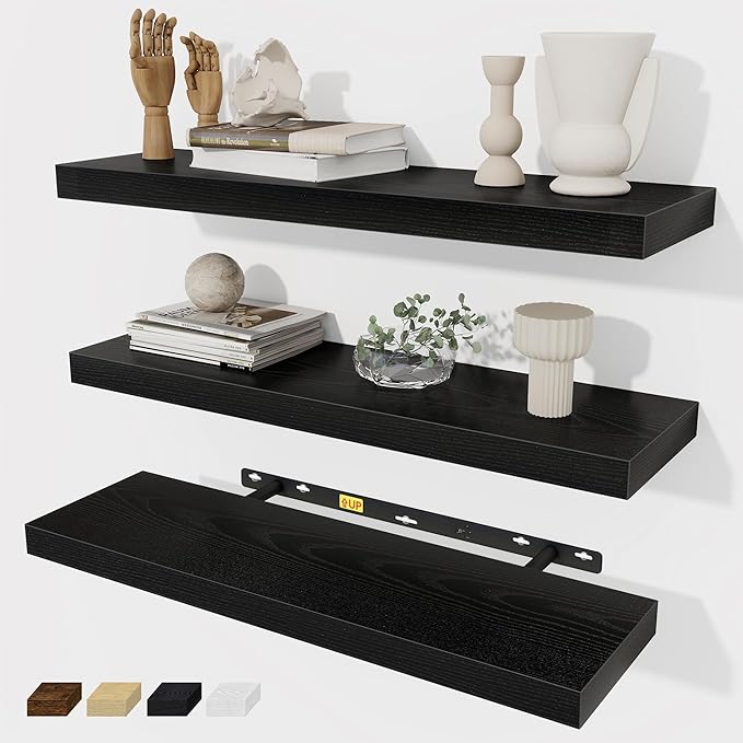 Fun Memories Black Floating Shelves Wall Shelf 24 Inch Long, Rustic Bathroom Shelves, Wall Mounted Wood Floating Shelf for Kitchen, Living Room, Bedroom, 24 x 6.7 x 1.4 inch Set of 3