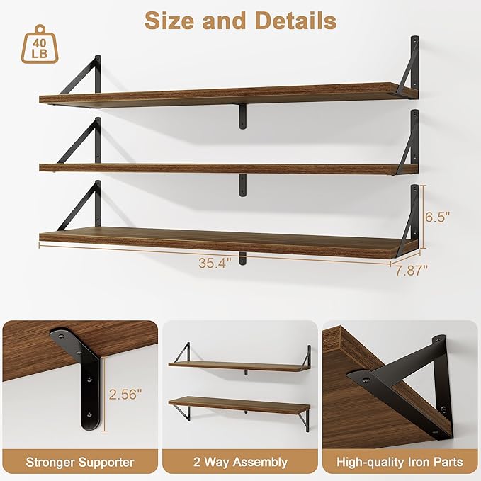 Fun Memories Floating Shelves for Wall, 36 Inches Long Set of 3 Wall Shelves for Bedroom, Floating Bookshelves with Metal Brackets for Living Room, Kitchen, Bedroom and Laundry Room (Walnut)
