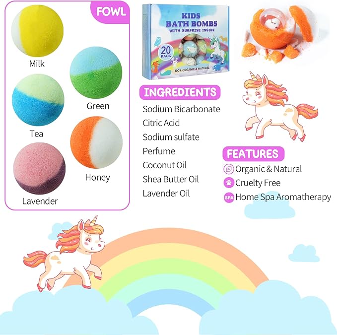 Bath Bomb Gift Set with Toys Inside, 20 Pack Organic Bath Bombs for Kids, Kids Safe Handmade Fizzy Balls for Kid, Ideal Birthday Gift for Boys & Girls
