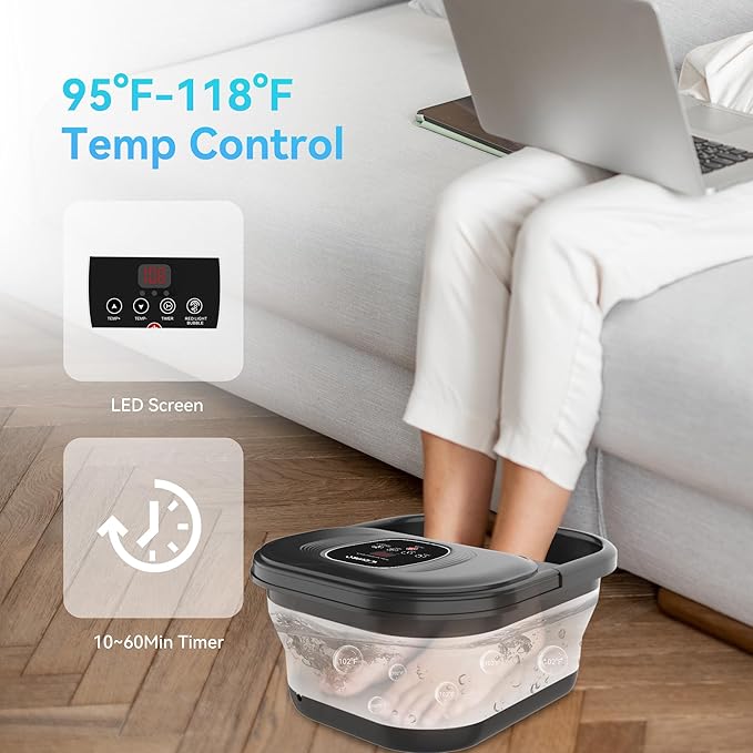Foot Spa Bath Massager with Heat, Collapsible Foot Massager Spa Soaking Tub with Bubbles, Red Light, Pumice Stone, and Shiatsu Massage Rollers, Pedicure Foot Spa for Relaxation, Gifts