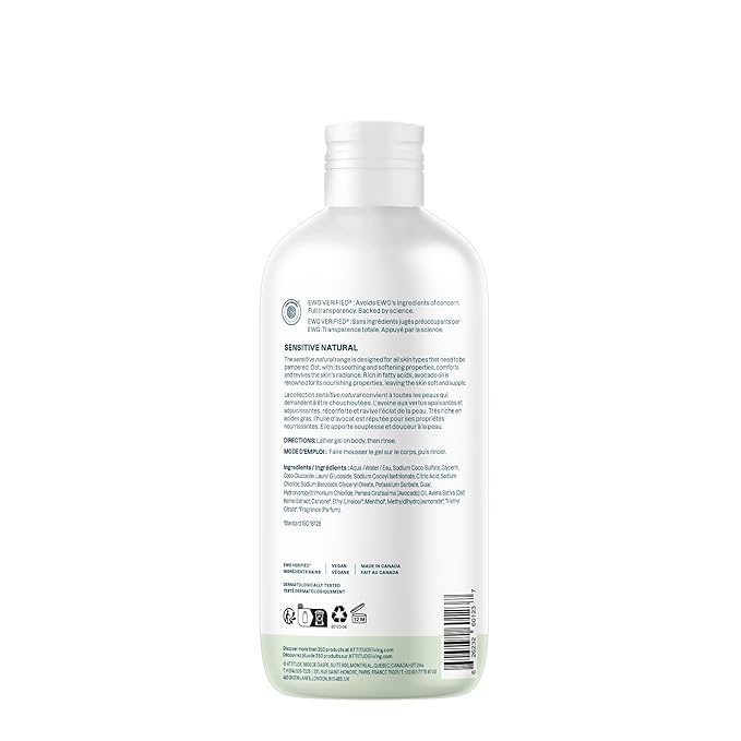 ATTITUDE Body Wash for Sensitive Skin with Oat, EWG Verified, Dermatologically Tested, Vegan, Fresh Apple Scent, 16 Fl Oz