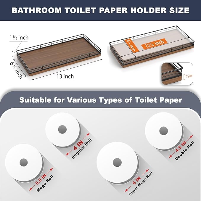 Oak Bathroom Toilet Tank Tray, 13" Wood Back of Toilet Paper Storage Tank Topper Basket, Vanity Tray for Perfume Makeup Candle Toiletry Organizer for Kitchen Coffee Table Walnut Tray Decor