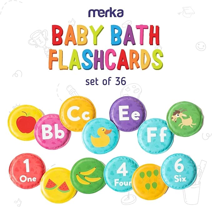 merka Bath Toys Flash Cards - 36-Pc Multicolor 2.25-Inch Foam Alphabet & Number Cards - Waterproof Bath Time Toddler Learning Toys for Ages 1-3