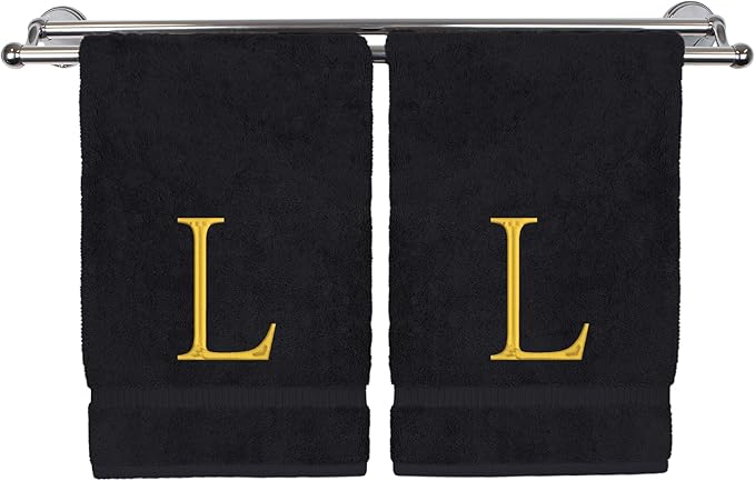 Monogrammed Hand Towel, Personalized Initial Gift, Extra Absorbent 100% Turkish Cotton - Soft Terry Finish - Set of 2 - Gold Block Initial L - Embroidered on Black Towels