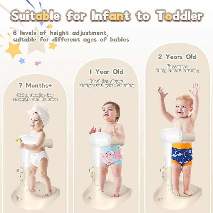 Baby Shower Stand, No-Assembly Baby Bath Stand with Enlarged Anti-Slip Base, Foldable Toddler Shower Standing Support, Soporte para Bañera de Bebe, Ideal Gift for Infant 6–36 Months (Brown)