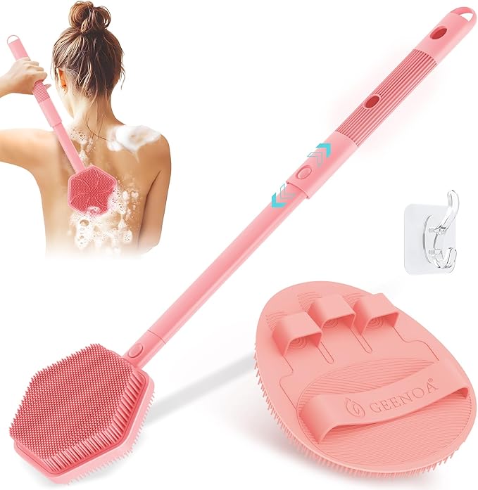Silicone Back Scrubber & Soft Bath Glove 2PCS, 16''- 21''Extendable Back Scrubber with Dual-Side Large Head, 360° Anti-Slip Hand-fit Silicone Body Scrubber for Rich Foaming Deep Cleaning(Pink)