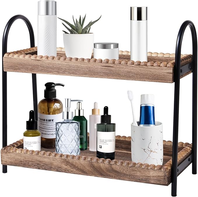 Bathroom Countertop Organizer, 2 Tier Vanity Organizer and Storage for Cosmetic Skincare Perfume, Wood Bead Storage Shelf for Bathroom Kitchen Coffee Station