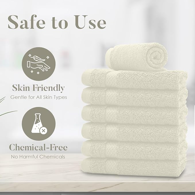 DAN RIVER 12-Pack Premium 100% Cotton Ivory Face Towels – Reusable Face Towel Set, Soft & Absorbent Washcloths for Bathroom & Body – Hand and Face Towels, 550 GSM (12x12 in)