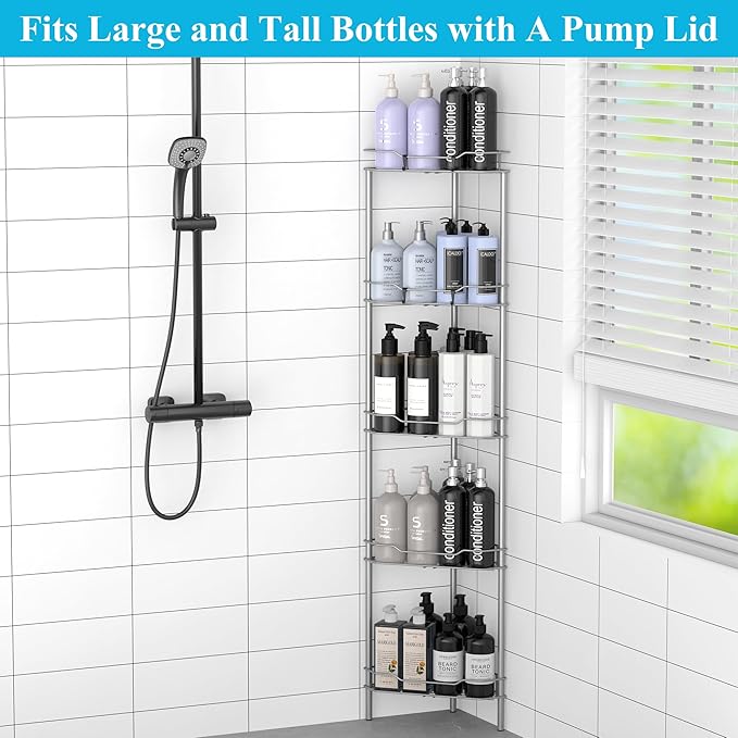 5 Tier Floor Standing Corner Shower Caddy Organizer Shelf with Hooks, Bathroom Shelves Stand Rack, Gray