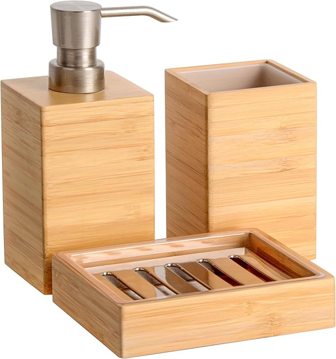 Bamboo Bathroom Accessories Set, 3 Pcs Wood Bathroom Accessories Soap Dispenser, Toothbrush Holder, Soap Dish, Kitchen Soap Dispenser Set for Home Decor, Housewarming Gift