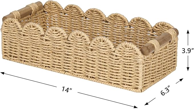 CubesLand Scalloped Decor Basket for Living Room, Home, Bathroom, 2SAME SIZE Paper Rope Basket, Toilet Storage Baskets for Over Toilet Storage Shelf, Cute Woven Basket Both Storage&Decor, Beige