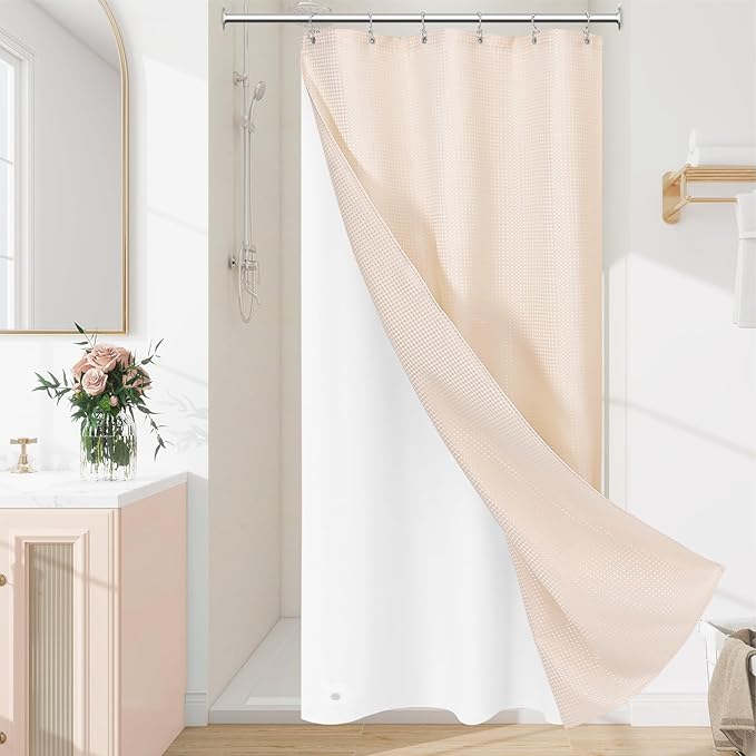 3 in 1 Stall Half Size Blush Pink Shower Curtain Set-36 W x 72 H, Modern Waffle Waterproof Fabric and PEVA Liner Set with Stainless Steel Hooks