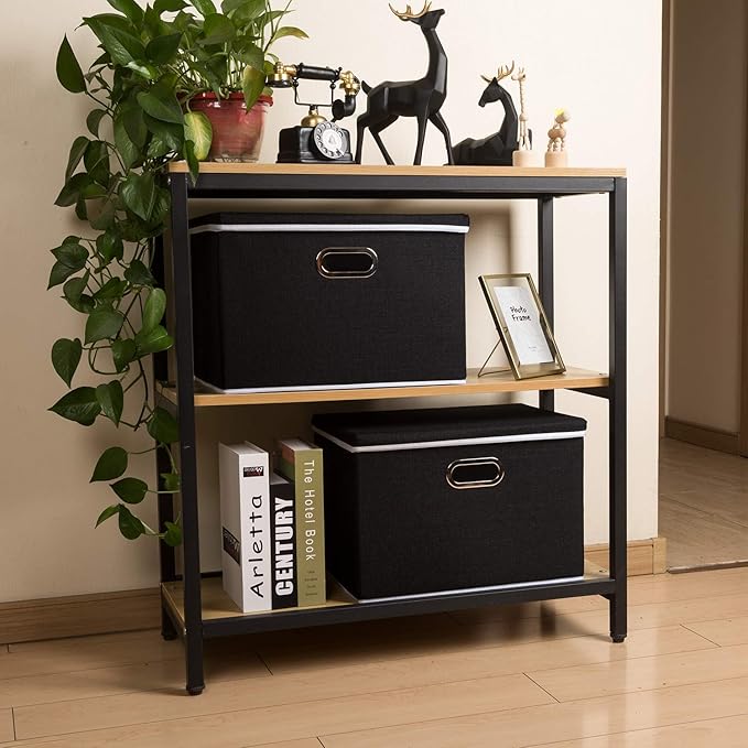 PRANDOM Large Foldable Storage Box with Lid [1-Pack] Fabric Collapsible Storage Bin Organizer Container Basket Cube with Cover for Home Bedroom Closet Office Nursery Black (17.7x11.8x11.8)