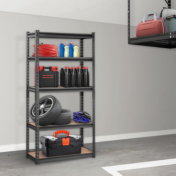 VEVOR Storage Shelving Unit, 5-Tier Adjustable, 2000 lbs Capacity, Heavy Duty Garage Shelves Metal Organizer Utility Rack, Black, 30" L x 12" W x 60" H for Kitchen Pantry Basement Bathroom Laundry