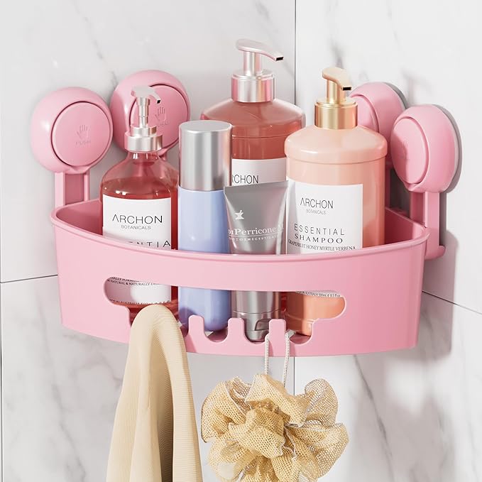 LEVERLOC Corner Shower Caddy Suction Cup, Shower Caddy Basket Powerful Suction Bathroom, Waterproof & Rustproof Organizer for Bathroom Storage, No-Drilling Removable (Pink)